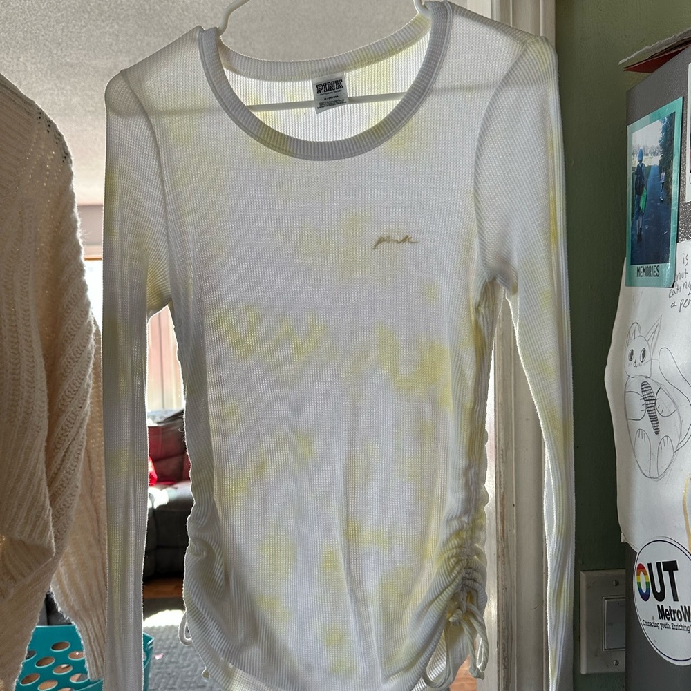 VS PINK Waffle Knit Ruched Long Sleeve Top - Yellow/White Tie-Dye - Size M
